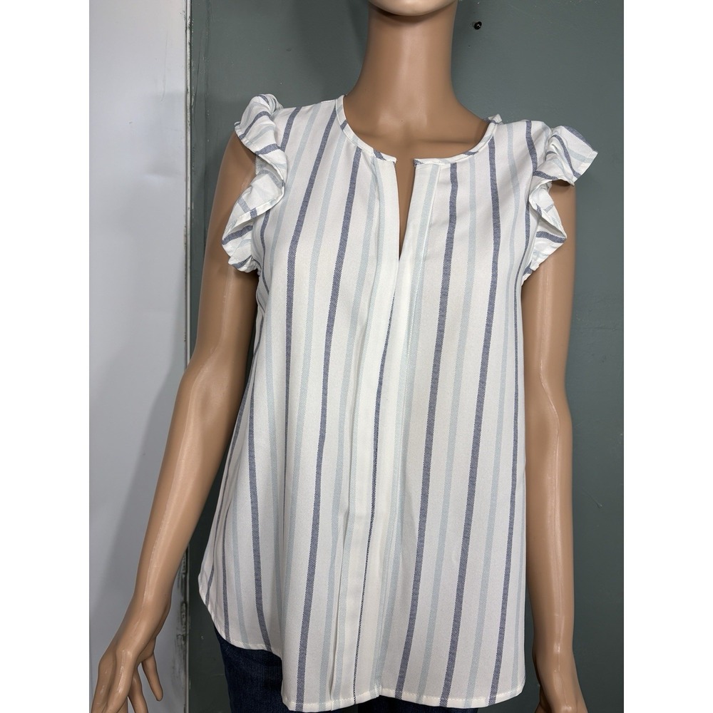 THE WORKSHOP Striped Ruffle Sleeve Blouse Split Neck White/Blue L